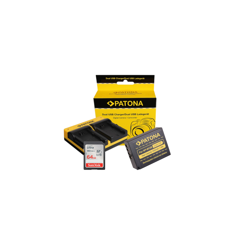 PATONA KIT BATTERIE & CHARGEUR + SANDISK CARTE SD 64GB