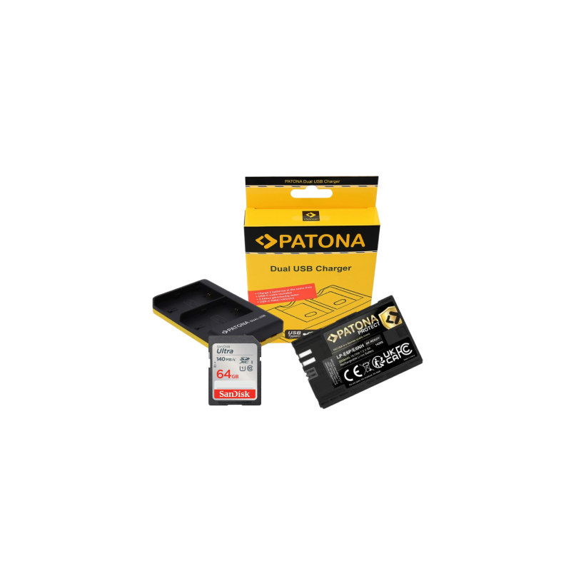 PATONA KIT BATTERIE & CHARGEUR + SANDISK CARTE SD 64GB